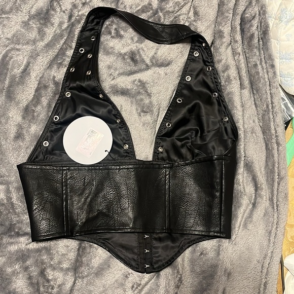 Black Faux Leather Halter Top with Studs - Picture 2 of 2